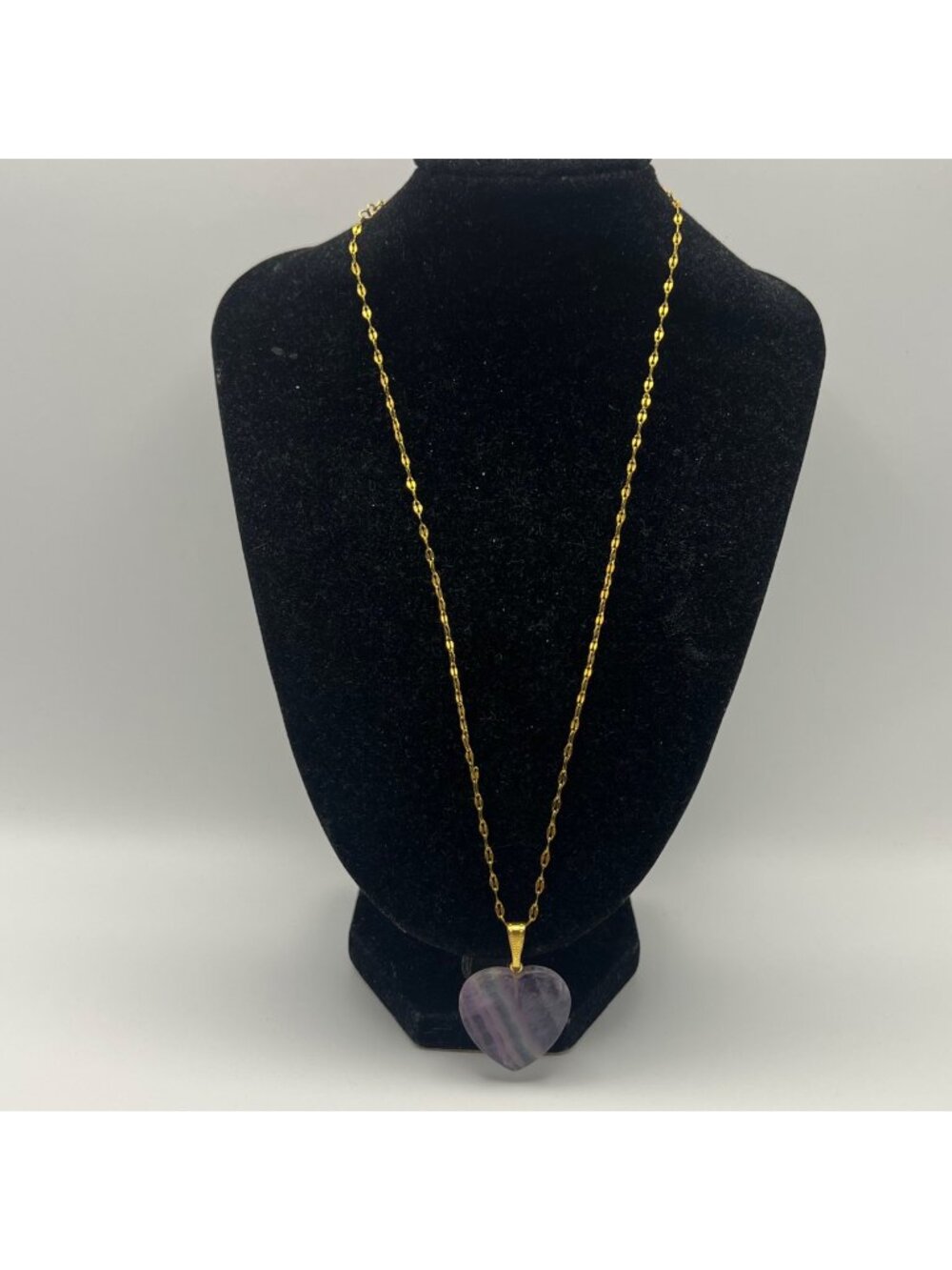 Rainbow Banded Fluorite Heart Pendant Necklace Gold-Tone Stainless Steel 18"